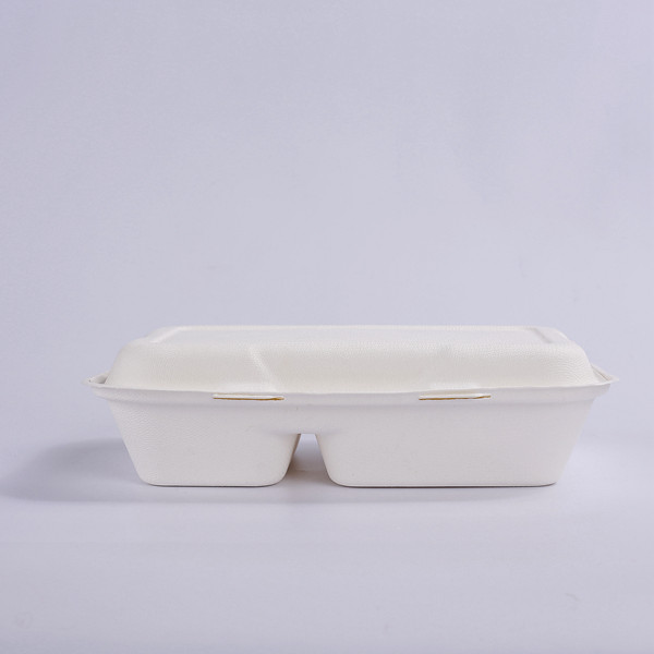 Case of 250 Bagasse Clamshell 2 Compartment Food Box 9 inch by 6 inch ANC098